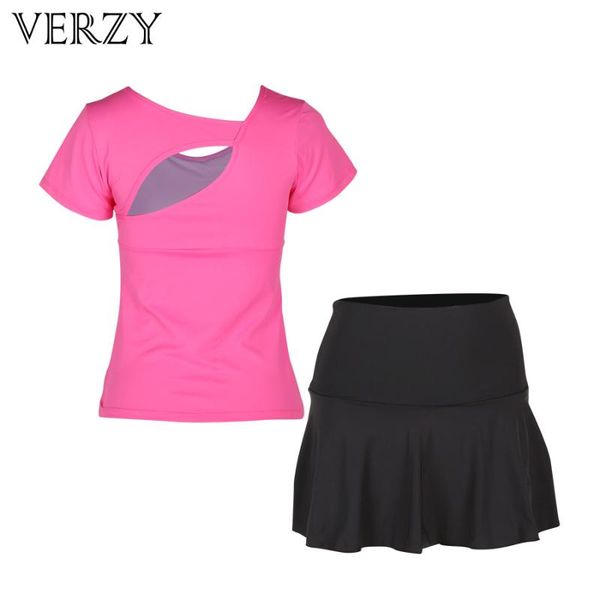 

verzy 2021 women yoga set t-shirt skirt hollow back female soild color sportswear fitness breathable quick dry suits gym outdoor, White;red