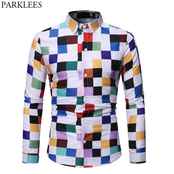 

men's casual shirts color blocks fashion print shirt men 2021 brand slim fit long sleeve dress mens button down party social, White;black