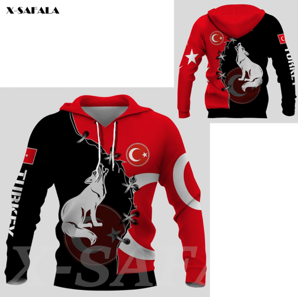 

men's hoodies & sweatshirts turkey national emblem skull country map flag 3d all printed hoodie man women harajuku zipper pullover swea, Black