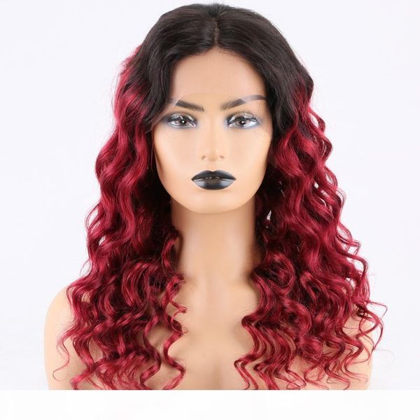 

premier human hair lace front wigs indian remy hair 18 inch ombre wine red for women, Black;brown