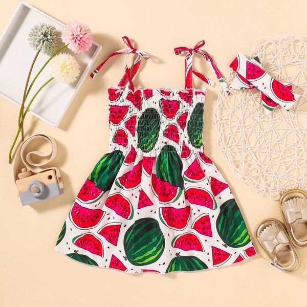 

girl's dresses children girl dress summer sleeveless girls' sling with watermelon print skirt + bowknot kids fashion headscarf, Red;yellow