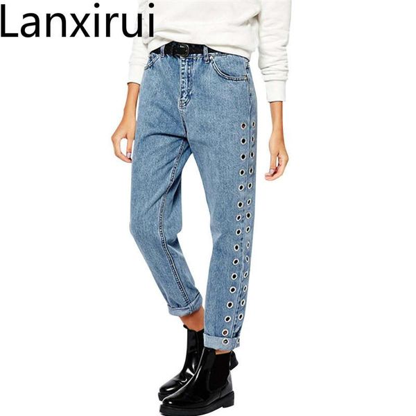 

women's jeans lanxirui bf wind frauen lose hosen hohe taille knochellangen gerade denim hohlen metall rivet oct17, Blue