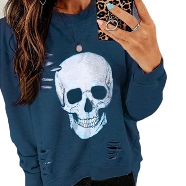 

halloween skull print women hoodie sweatshirt pullovers ripped hoodies gothic fall long sleeve casual club streetwear 201008, Black