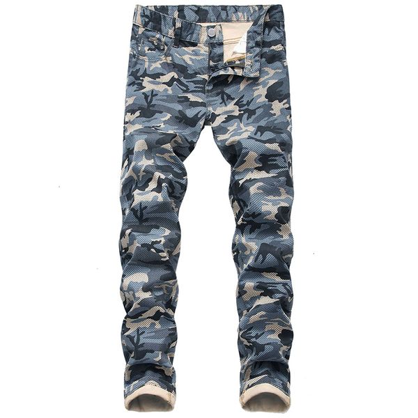 

2021 new camouflage men slim fit army green print casual broek men's jeans, Blue