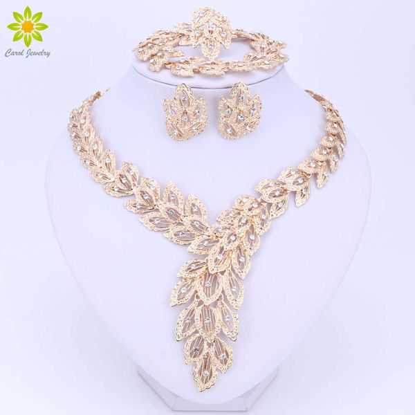 Parure di gioielli per donna Collana di cristallo fine Orecchini Set di bracciali Perline africane Ciondolo color oro Accessori per abiti da sposa H1022