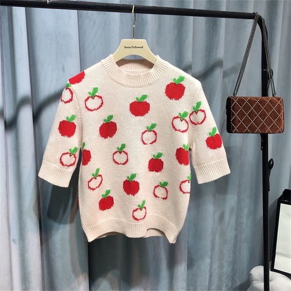 

red apple printed sweater cherry sweater 2021 early spring heavy industry embroidered letter medium sleeve sweater for womenli, White;black