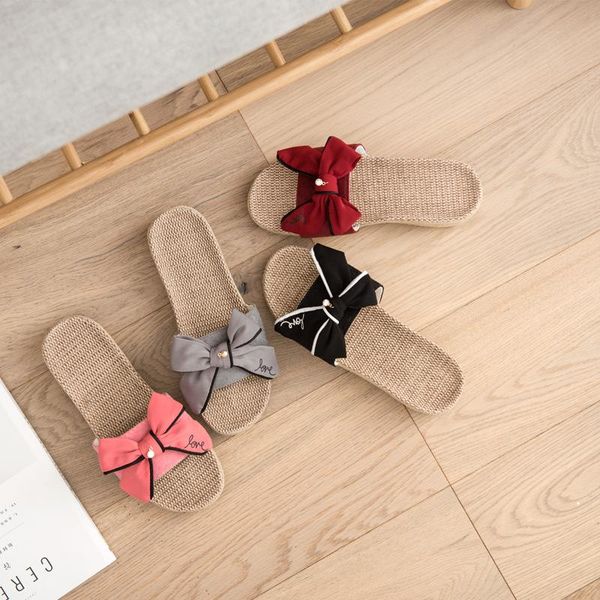

dress shoes linen slippers women's platform non-slip home cute bow indoor slipper, Black