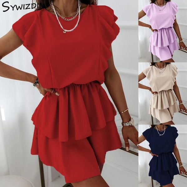 

casual dresses sywizdii loose ruffled solid dress summer light layer short-sleeved princess pink skirts for women vintage outfit, Black;gray