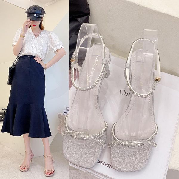 

sandals retro woman shoes 2021 summer increasing height female sandal high heels original girls rhinestone fashion stiletto high-hee, Black