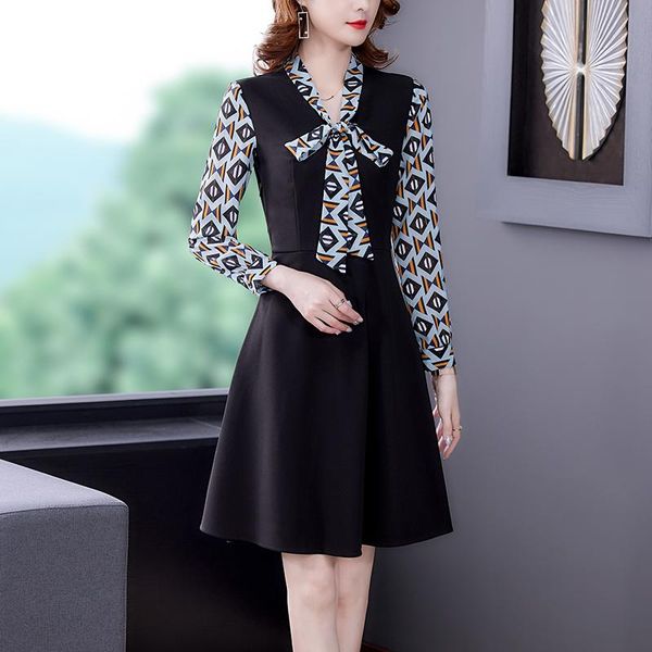 

casual dresses fashion patchwork knit dress women 2021 autumn long sleeve fake two female plus size clothes ladies, Black;gray