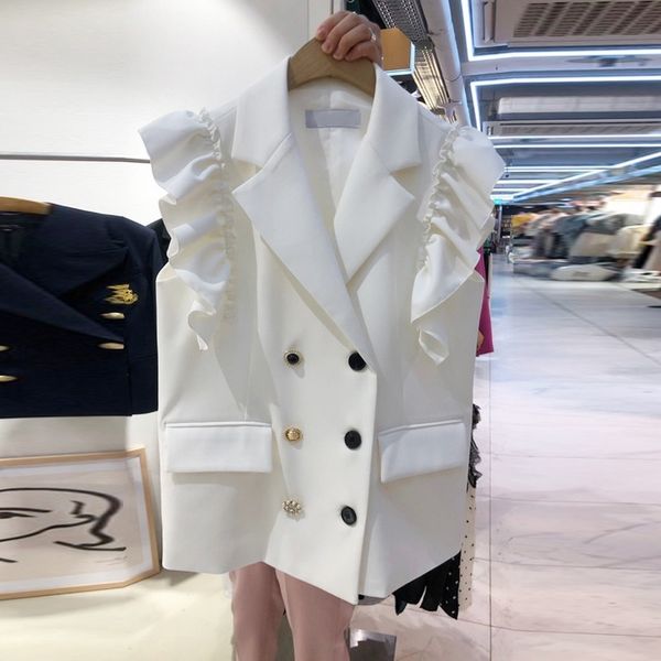 Primavera Feifei Sleeve Patchwork Slim White terno colete sem mangas jaqueta mulheres blazers 210615