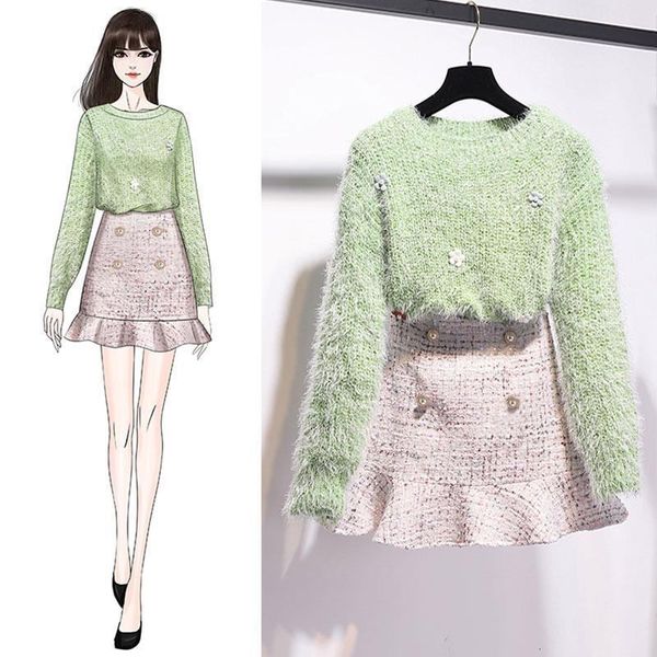 

2021 new spring autumn korean women two set female knitted pullover sweater + mini skirt 2 piece suits outfits 16ciw2, Black;gray