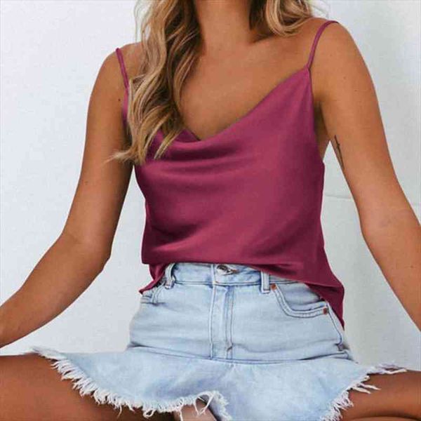 

summer silk satin plain strappy women tank v-nest vest sleeveless loose blouse female clothing, White