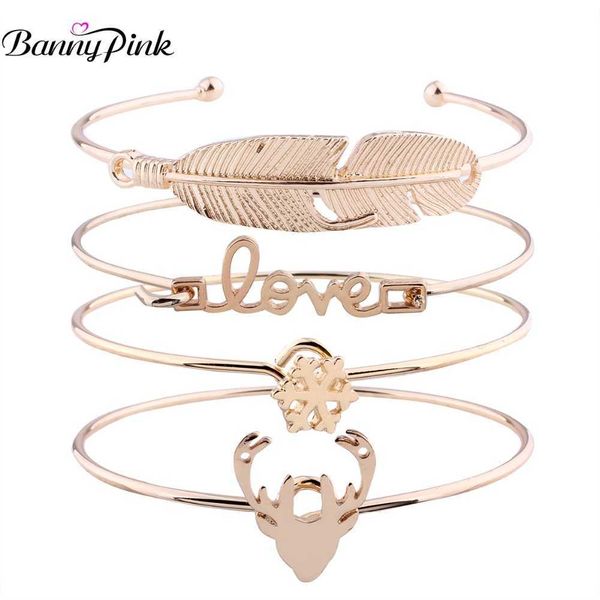 

cute alloy deer snowflake feather lover bangle bracelet for christmas gift new 4 pieces metal bangle bracelets sets pulseras q0719, Black