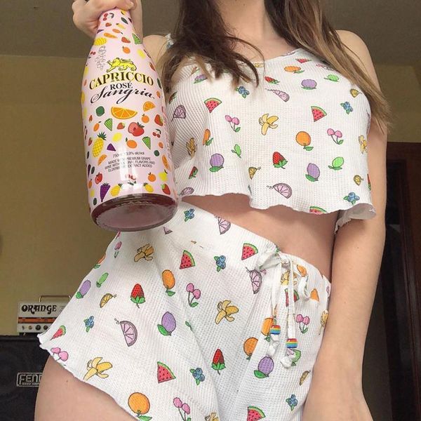 

summer women casual 2pcs clothes sets v-neck camis crop +high waist shorts fitness fashion fruit print outwear outfits set, Gray