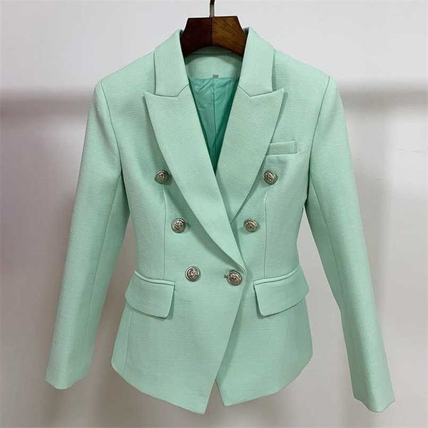 

high street classic baroque designer blazer jacket women's metal lion buttons double breasted textured mint green 210930, White;black