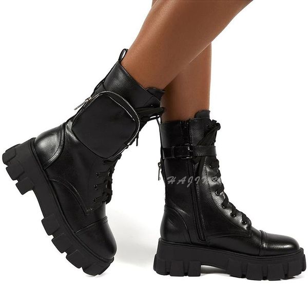 

2021 fashion women boots motorcycle platform shoes women high boots with heels leather punk belt buckle botas mujer, Black