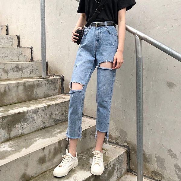 

women's jeans 2021 spring ripped retro cropped pants casual straight-leg high waist slimming wide leg, Blue