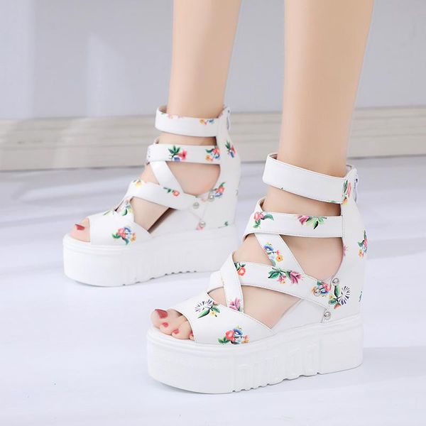 

2021 summer shoes women print wedge sandals super high heels platform shoes woman peep toe cross strap gladiator sandalias, Black