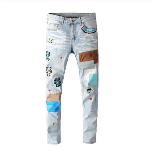 

New Fashionable Male Bear Embroidered Patchwork Blue Light Streetwear Holes Ripped Strain Skinny Jeans Pants 86bs