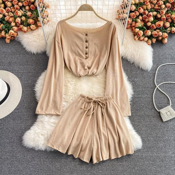 

women's tracksuits autumn khaki/gray/black two piece set vintage o-neck long sleeve pullover + wide leg drawstring shorts female suits