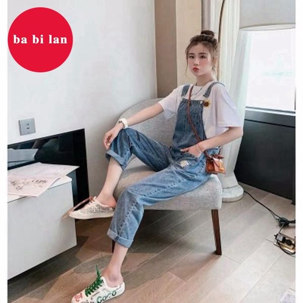 

women's jeans 2021 fashion denim overalls high waist korean version of loose small daisy embroidery age-reducing straight nine-poi, Blue