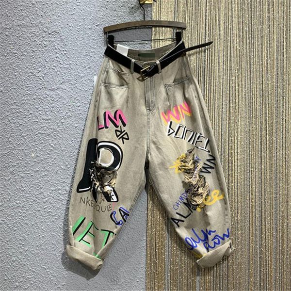 

women's jeans 2021 spring summer denim harem pants women letter print washed streetwear fashion loose high waist ripped female, Blue
