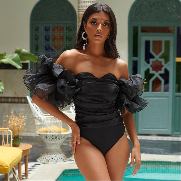 

women mesh ruffle off shoulder strapless bodysuit one piece leotard black short puff sleeve bodysuit jumpsuit clubwear, Black;white
