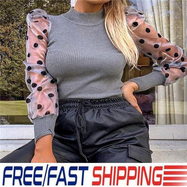 

women's blouses & shirts women elegant knitted mesh puff polka dot long sleeve ladies turtleneck spring autumn blouse streetwear s-xl, White