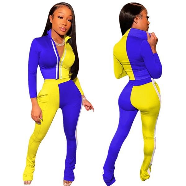 

2021 new contrast color zipper patchwork turn-down collar long sleeves and trousers women suits autumn sports casual 2 piece set 8hel, Gray