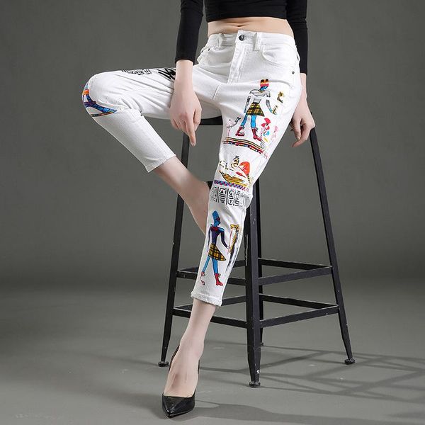 

women's jeans spring summer fashion nine denim pants long white trousers mid waist female cross printing ankle length jean, Blue