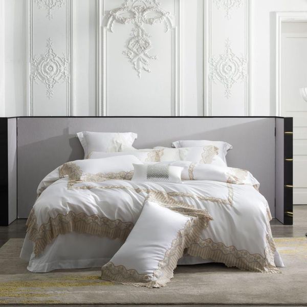 

bedding sets french romantic style 1000tc cotton set 4/7pcs white duvet cover flat sheet pillowcase lace bed for adult