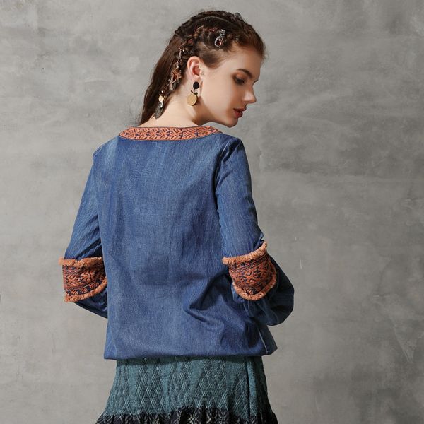 

women's blouse denim retro-lace embroidered sleeve shirts tb9283 3lxn, White