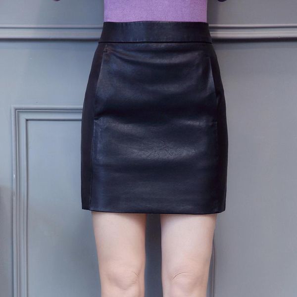 

skirts women high waist faux sheepskin a-line skirt ladies style slim pu leather zipper short female party, Black