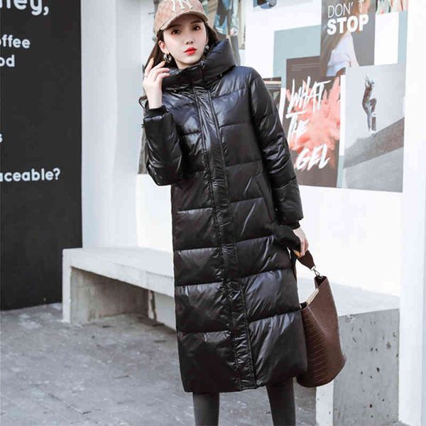 

ailegogo - women's long hooded solid color casual thick and warm black windbreaker, loose windproof coat, novel in winter