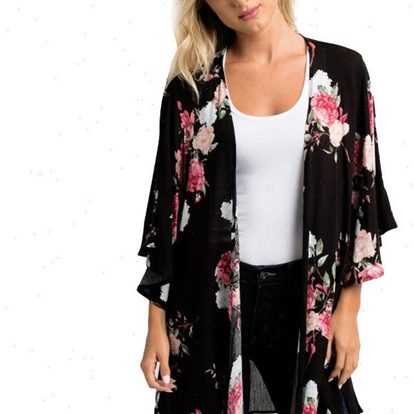 

summer beach clothes women chiffon shawl floral print kimono cardigan large size loose beachwear cover up blouse pt, White
