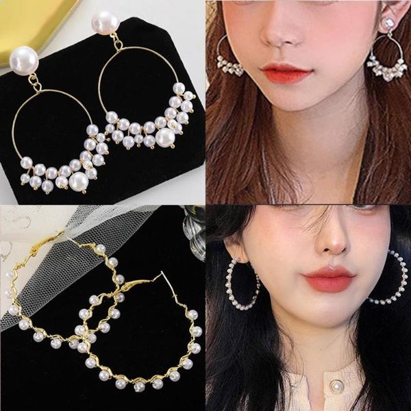 

hoop & huggie 2 pairs fashion women earring elegant geometric shape large faux pearl hollow dangle charming jewelry accessory, Golden;silver