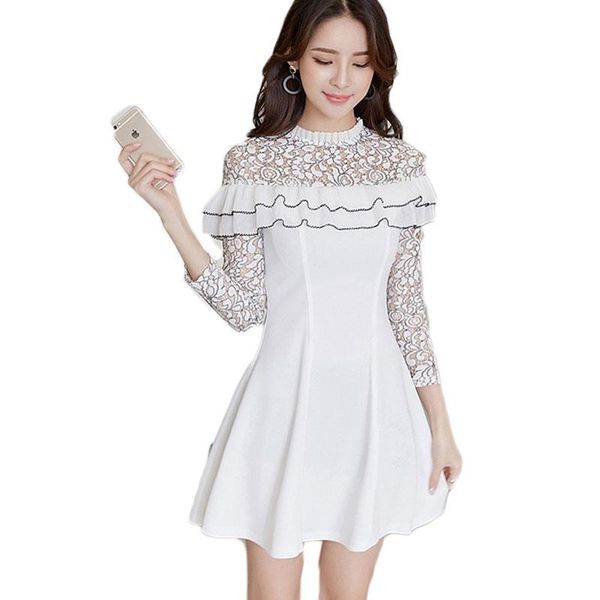 

casual dresses spring clothing lace dress women white vestido sweet girl party clothes ruffles mini long sleeve lady outfit s-xl, Black;gray
