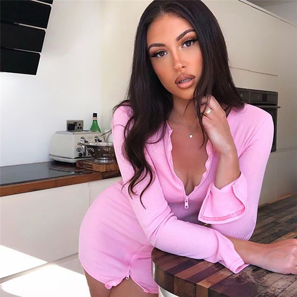 

solid skinny dress women bodycon zipper dress long sleeve fashion wokrout fall 2021 casual mini dresses female vestidos, Black;gray