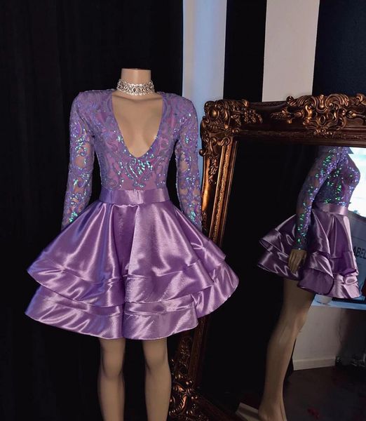 Фиолетовая короткая Африка черная девушка выпускного вечера платье 2020 глиттер блесток с длинным рукавом a-line mini выпускные платья