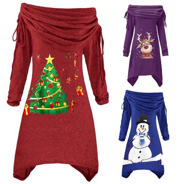 

2021 new autumn winter plus size christmas women casual long sleeve xmas tree print pleated collar drawstring irregular knit dress bdcp, Black;gray