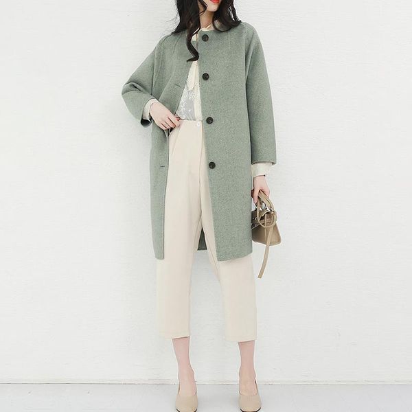 

women's wool & blends 2021 fashion plus size 100% woolen coat long double faced medium overcoat hepburn o-neck collar cashmere, Black