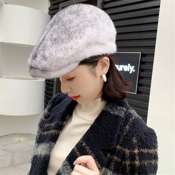 

berets 2021 ladies winter fashion warm all-match fur beret full mink soft neutral casual pure color hat, Blue;gray