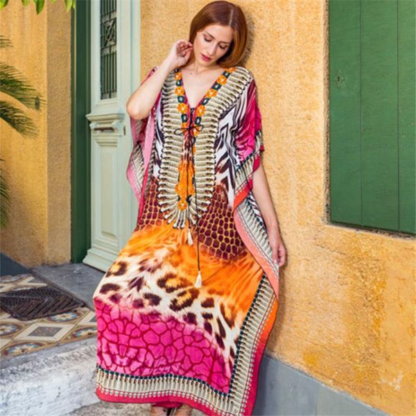 

women's swimwear 2021 boho printed bikini cover-ups elegant v-neck short sleeve plus size kaftan summer women beach wear swim suit cove, White;black