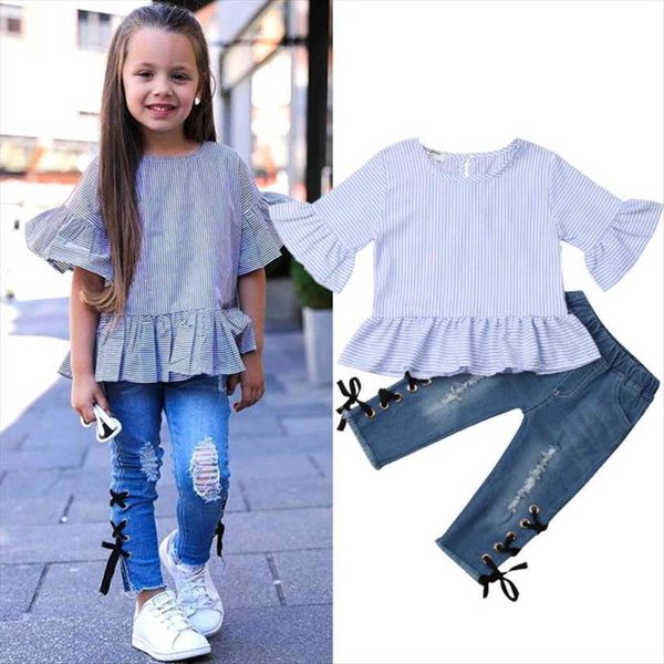 

toddler kids baby girl striped blue half sleeves shirt ripped denim pants jeans outfit summer clothes, White