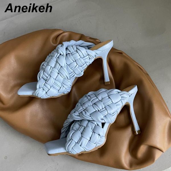 

slippers aneikeh 2021 ladies shoes summer thin heels peep toe pu shallow party string sweet elegant concise checkered ethnic, Black