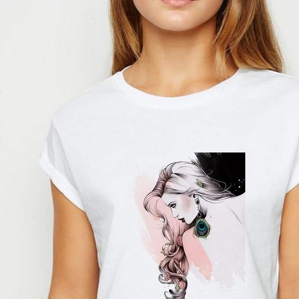 

beauty with long hair print t shirt women t shirt cute shirts harajuku spring summer plus size graphic round collar tshirt, White