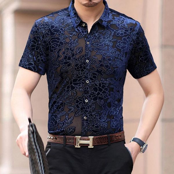 

men's casual shirts fashion short sleeve shirt 2021 emboidery flower men blue black party plus size designer, White;black