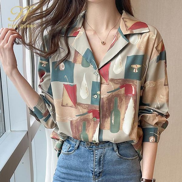 

women's blouses & shirts h han queen spring 2021 retro loose korean print long sleeve ladies chiffon blouse casual office lady blusa, White