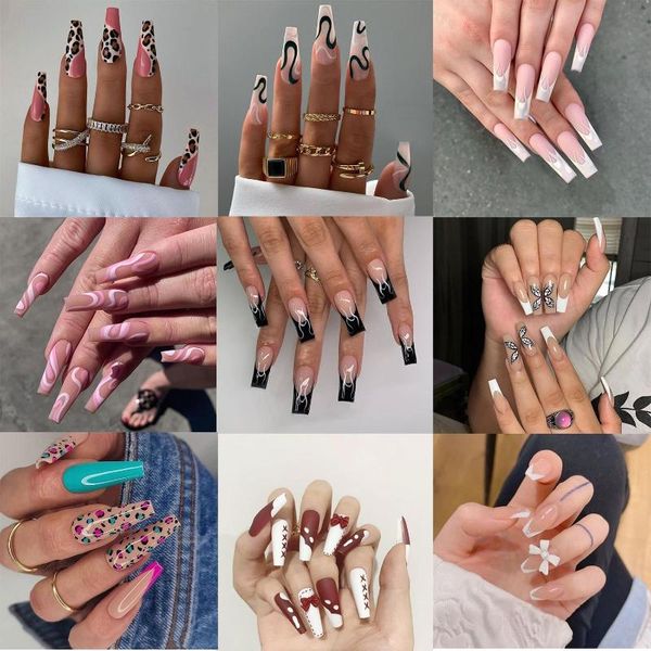 

false nails 24pcs/box acrylic press on manicure tool detachable full cover french ballerina fake coffin nail tips, Red;gold